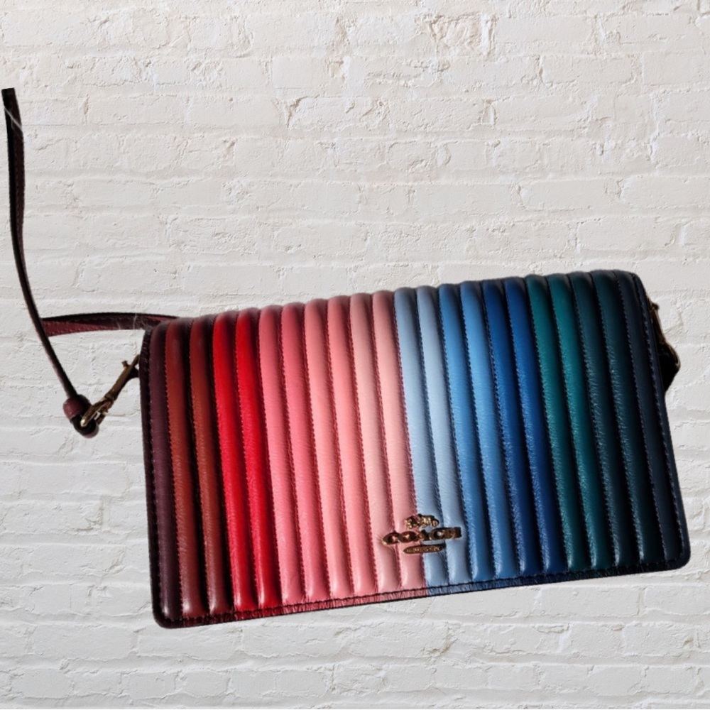 COACH Anna Foldover Crossbody Clutch With Rainbow Linear Quilting